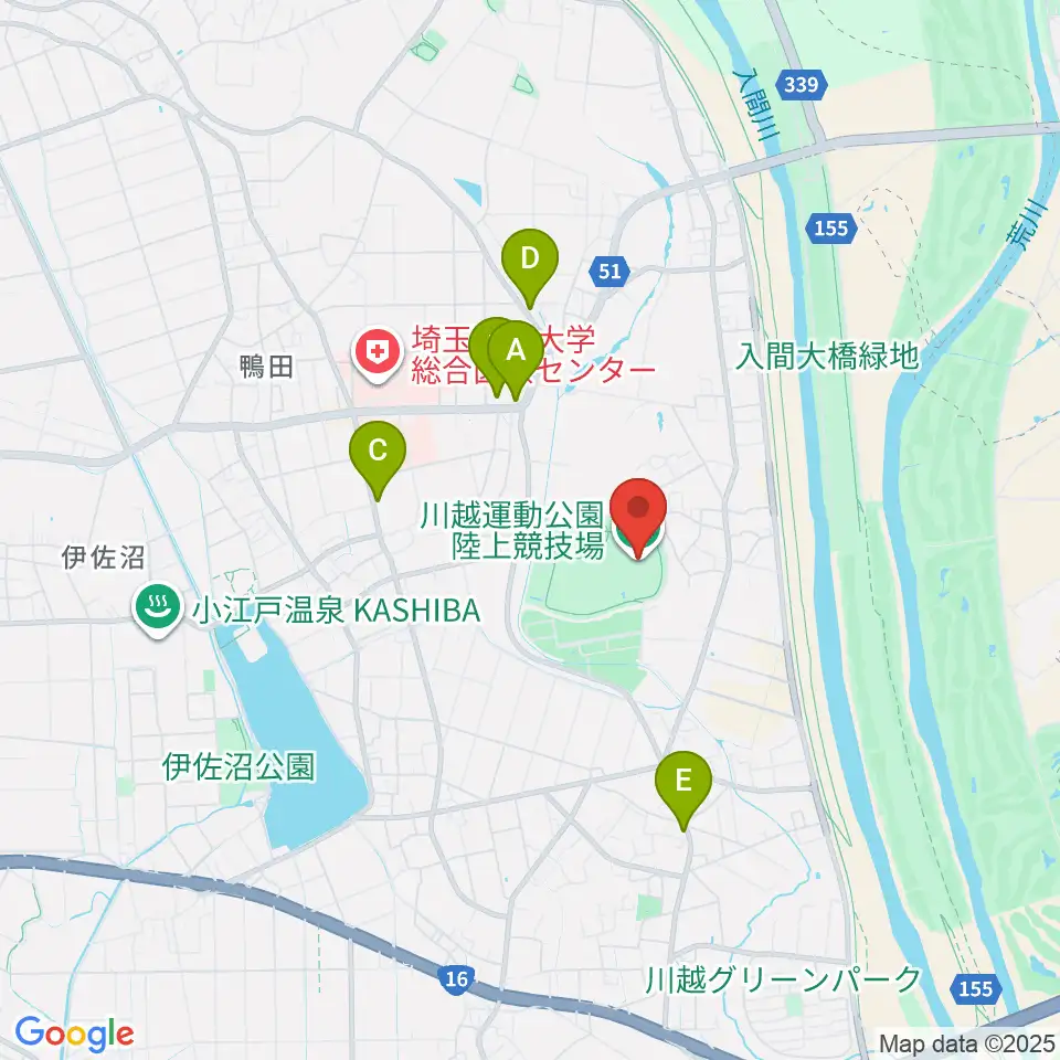 川越運動公園陸上競技場周辺のファミレス・ファーストフード一覧地図