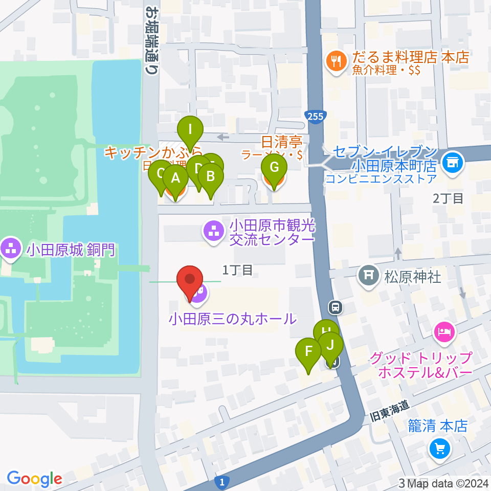 小田原三の丸ホール周辺のファミレス・ファーストフード一覧地図