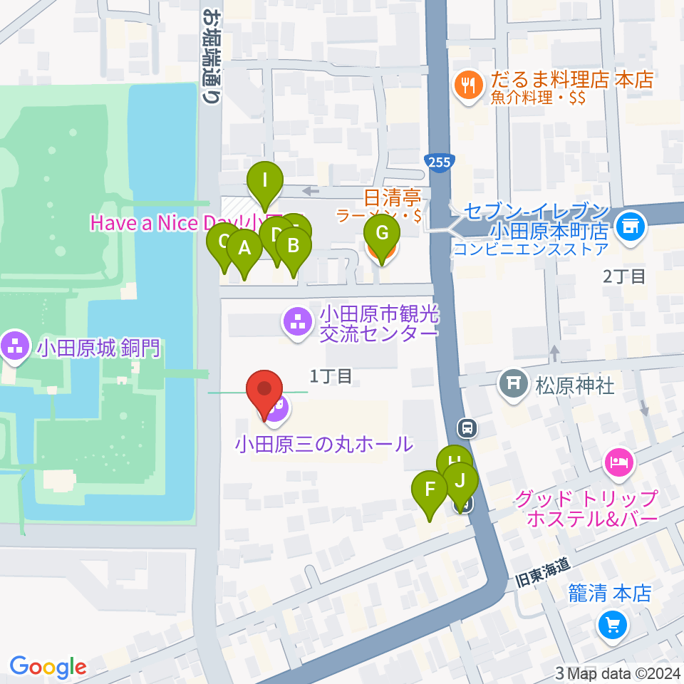 小田原三の丸ホール周辺のファミレス・ファーストフード一覧地図