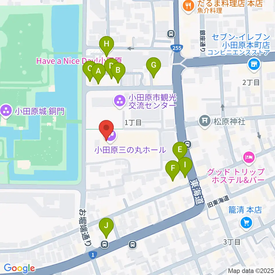 小田原三の丸ホール周辺のファミレス・ファーストフード一覧地図