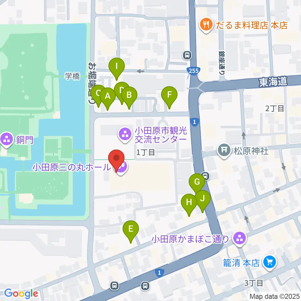 小田原三の丸ホール周辺のファミレス・ファーストフード一覧地図