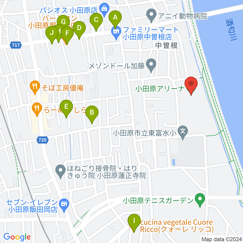 小田原アリーナ周辺のファミレス・ファーストフード一覧地図