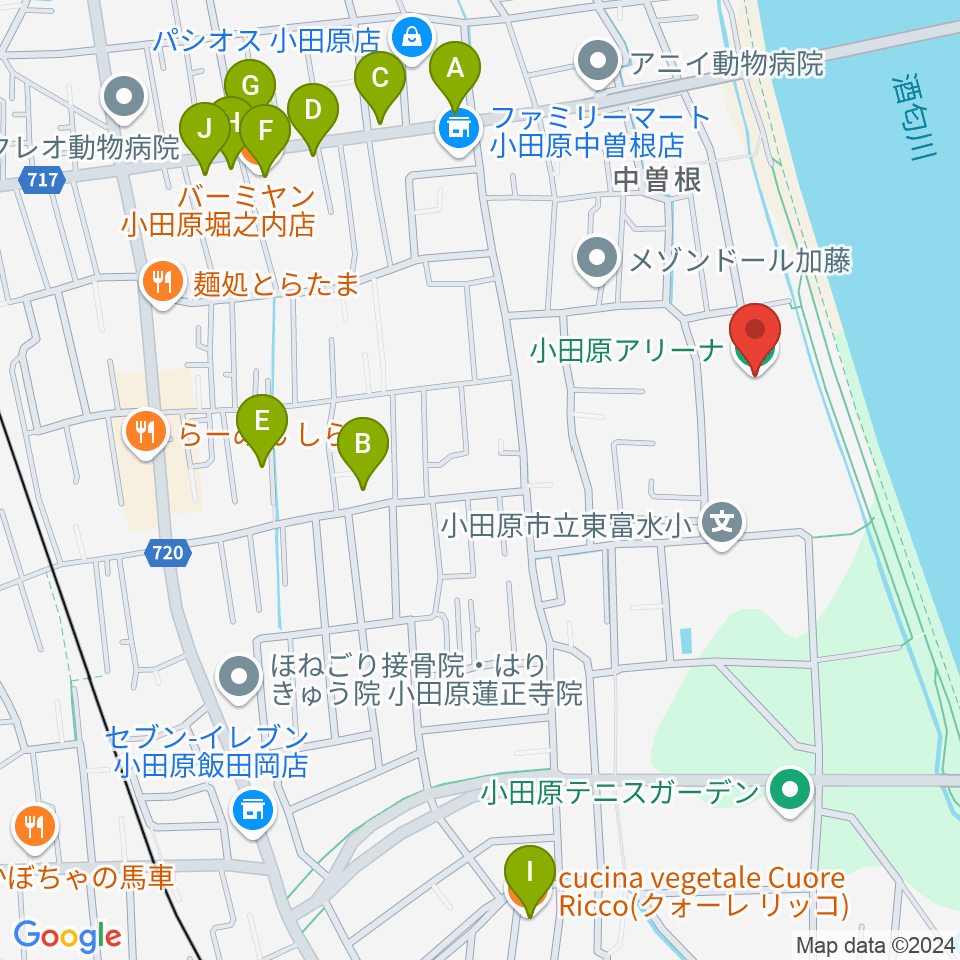 小田原アリーナ周辺のファミレス・ファーストフード一覧地図