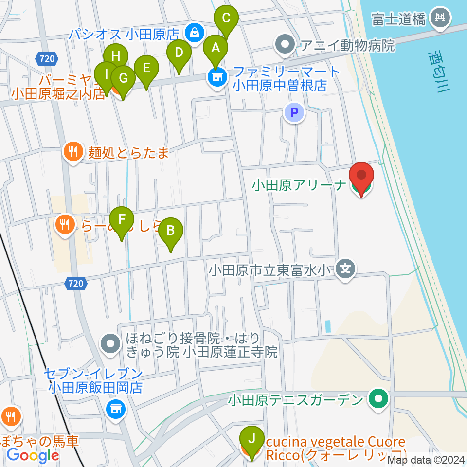 小田原アリーナ周辺のファミレス・ファーストフード一覧地図