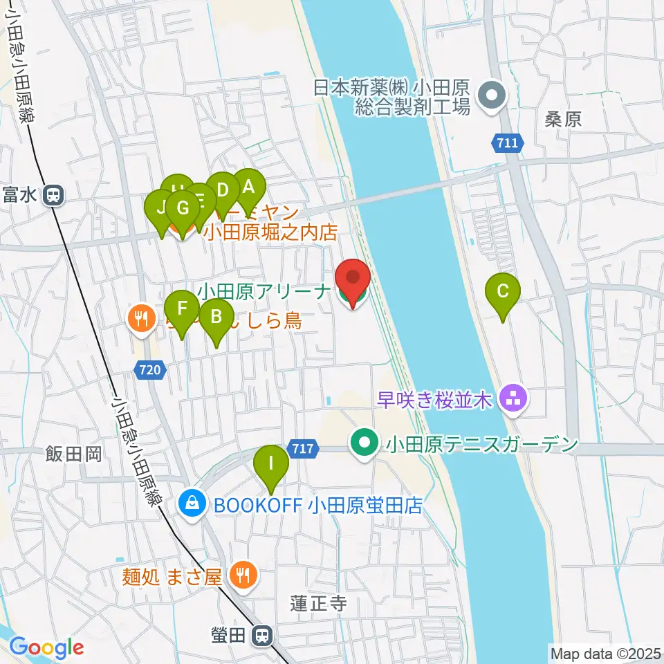 小田原アリーナ周辺のファミレス・ファーストフード一覧地図