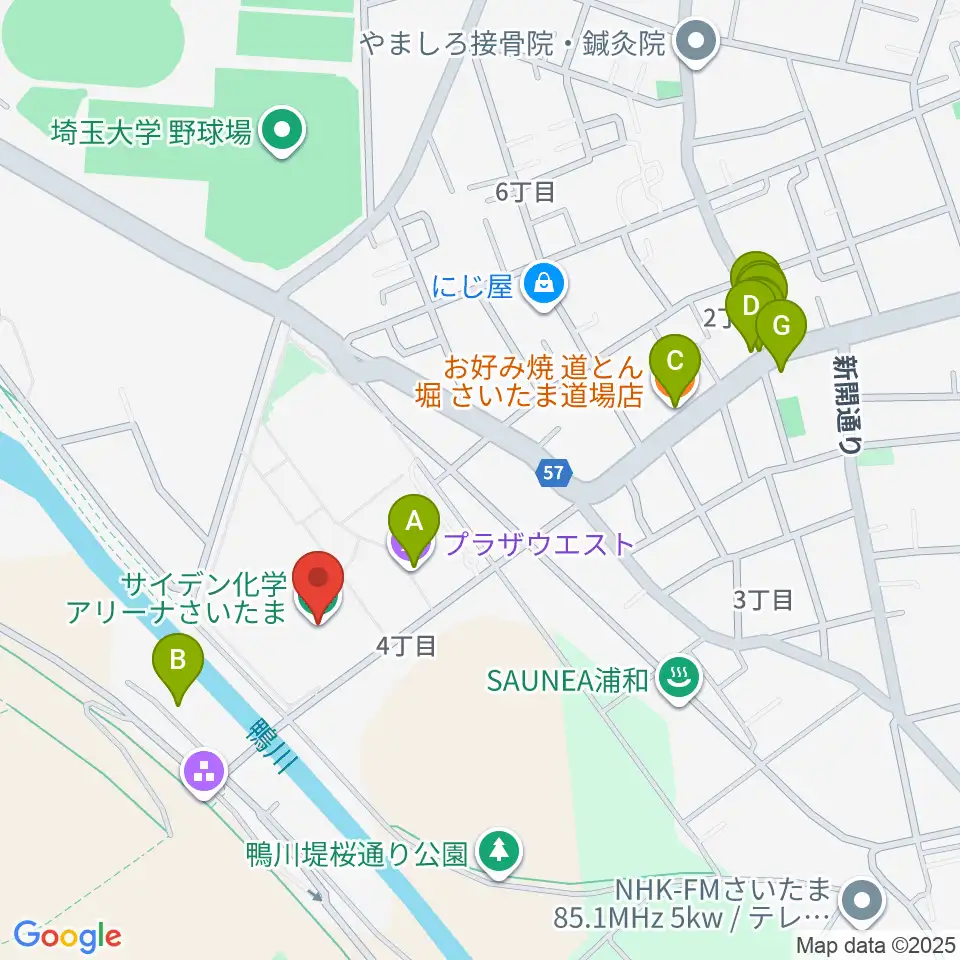 サイデン化学アリーナさいたま周辺のファミレス・ファーストフード一覧地図