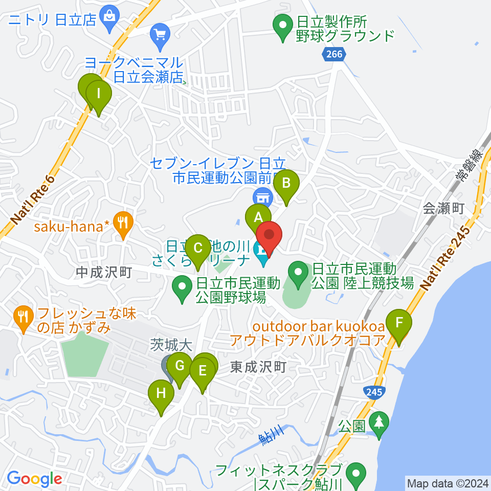 日立市池の川さくらアリーナ周辺のファミレス・ファーストフード一覧地図