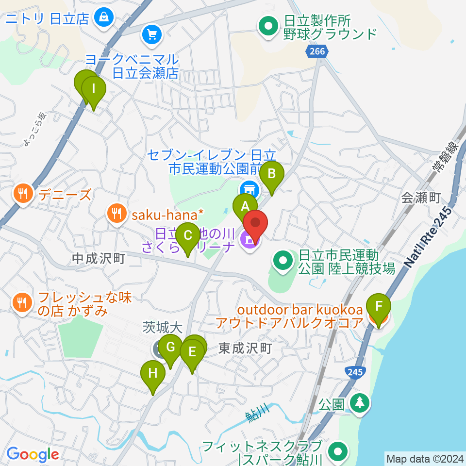 日立市池の川さくらアリーナ周辺のファミレス・ファーストフード一覧地図