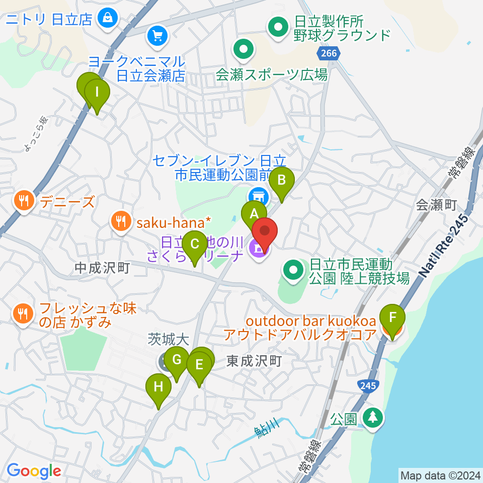 日立市池の川さくらアリーナ周辺のファミレス・ファーストフード一覧地図