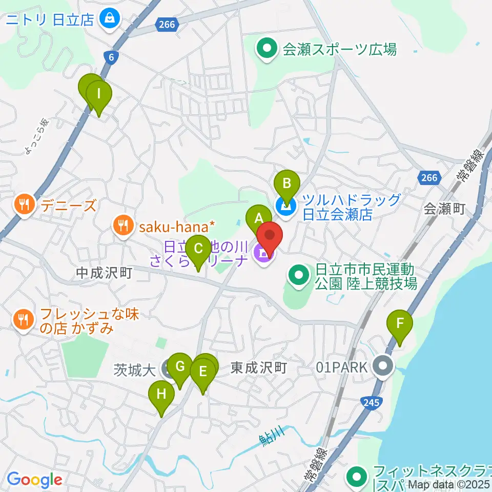 日立市池の川さくらアリーナ周辺のファミレス・ファーストフード一覧地図