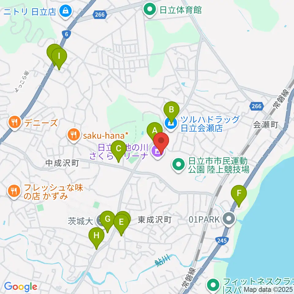 日立市池の川さくらアリーナ周辺のファミレス・ファーストフード一覧地図