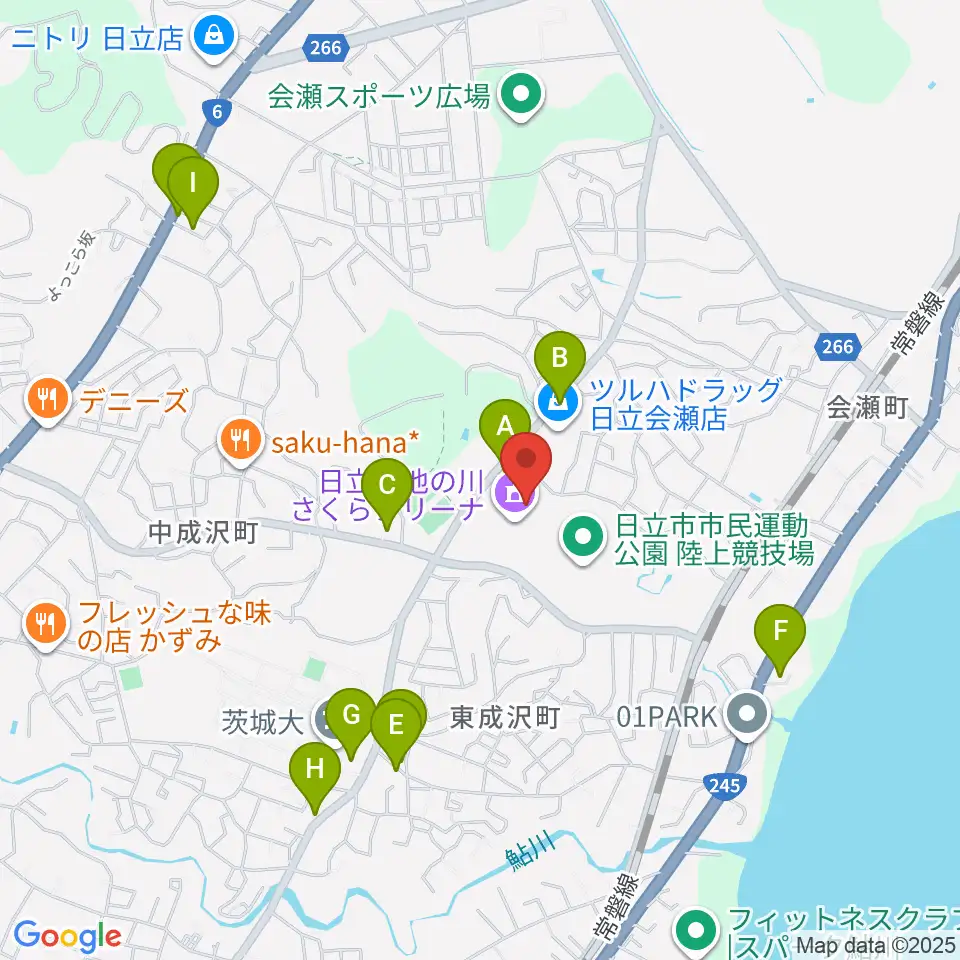 日立市池の川さくらアリーナ周辺のファミレス・ファーストフード一覧地図