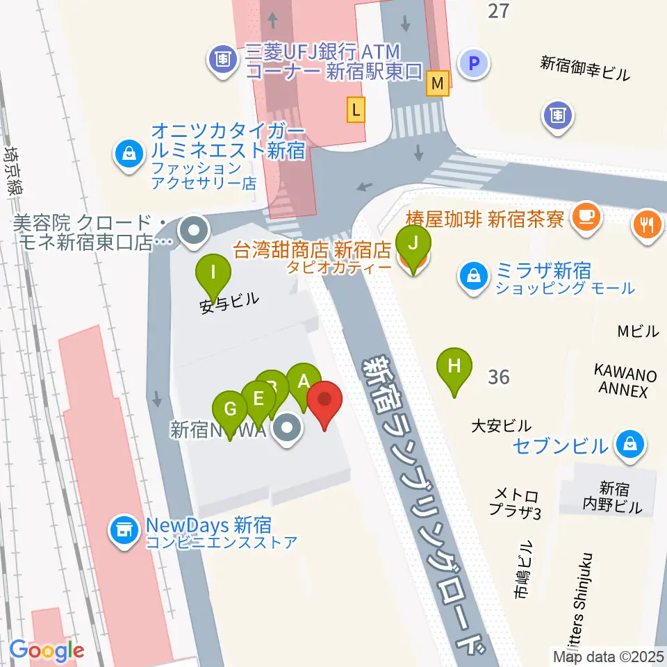 新宿シネマカリテ周辺のファミレス・ファーストフード一覧地図