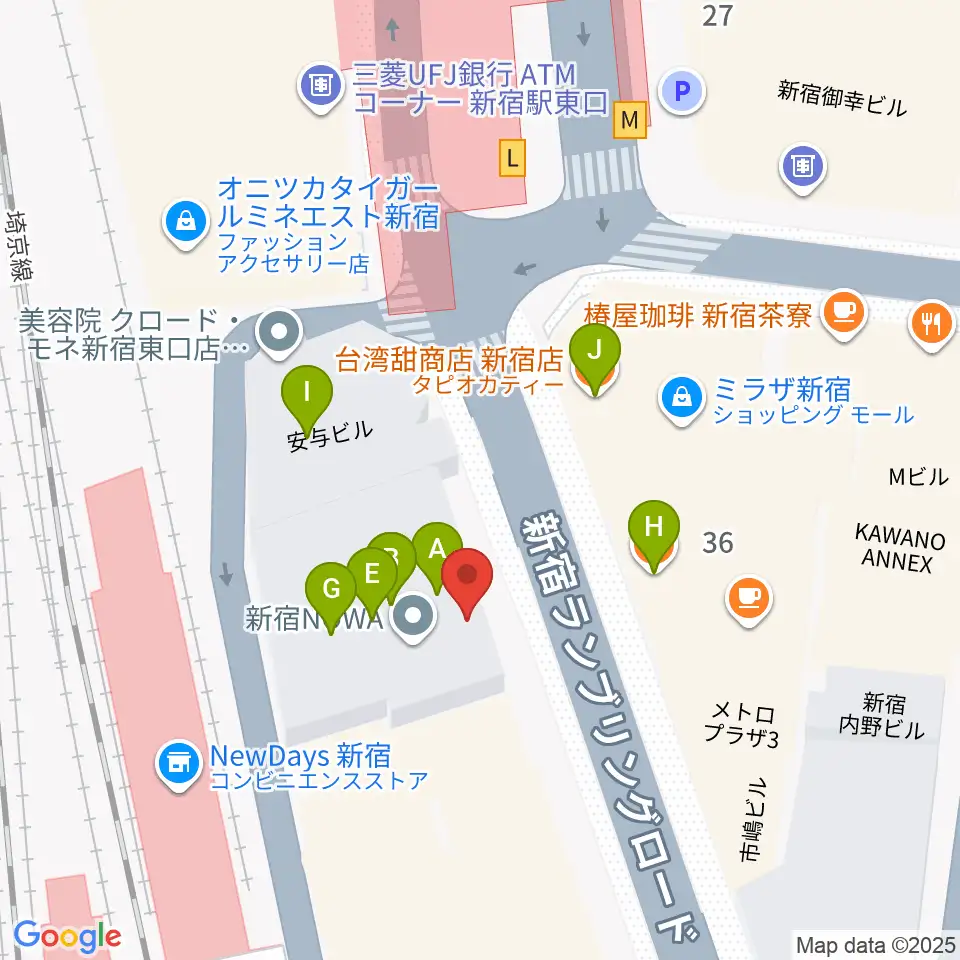新宿シネマカリテ周辺のファミレス・ファーストフード一覧地図
