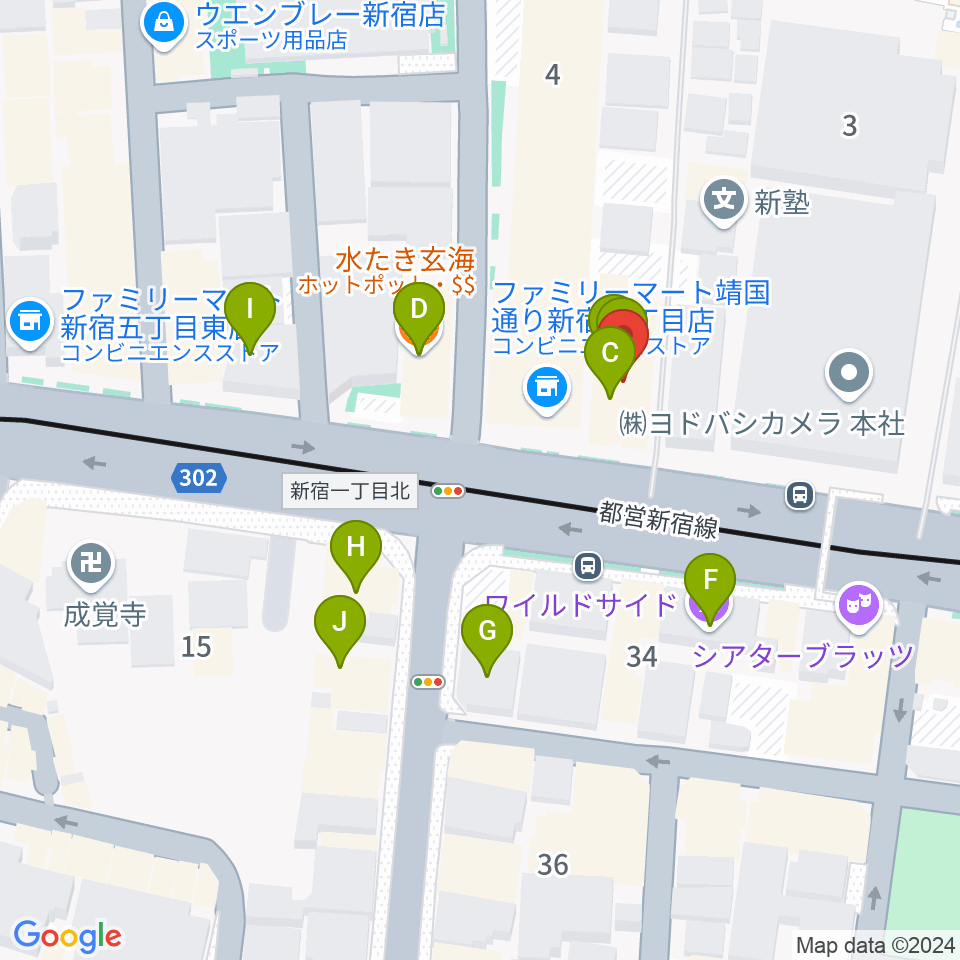 新宿アットシアター周辺のファミレス・ファーストフード一覧地図