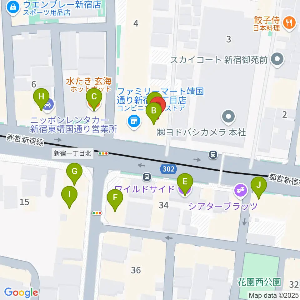 新宿アットシアター周辺のファミレス・ファーストフード一覧地図
