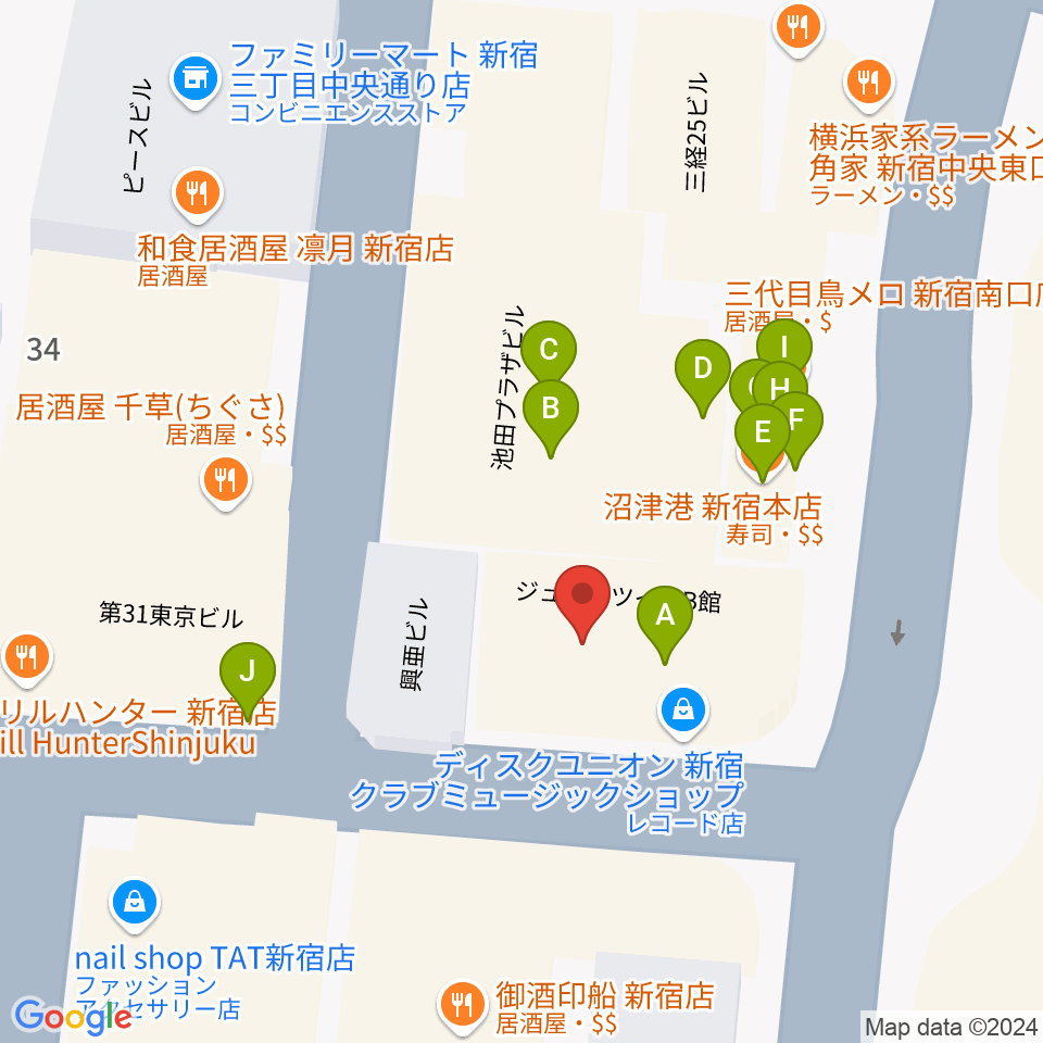 ユニオンレコード新宿周辺のファミレス・ファーストフード一覧地図