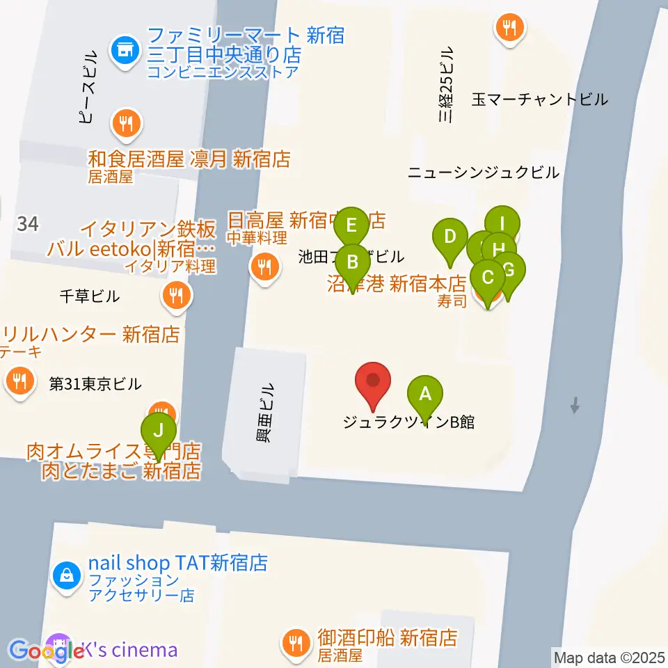 ユニオンレコード新宿周辺のファミレス・ファーストフード一覧地図