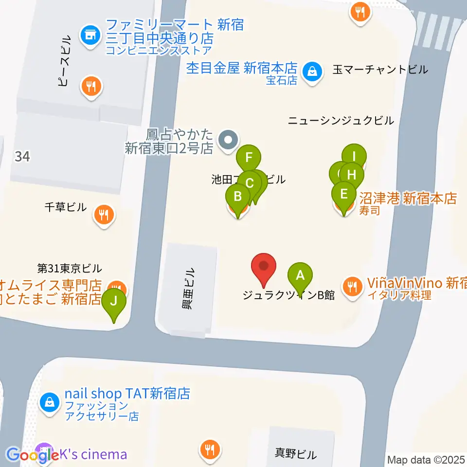 ユニオンレコード新宿周辺のファミレス・ファーストフード一覧地図
