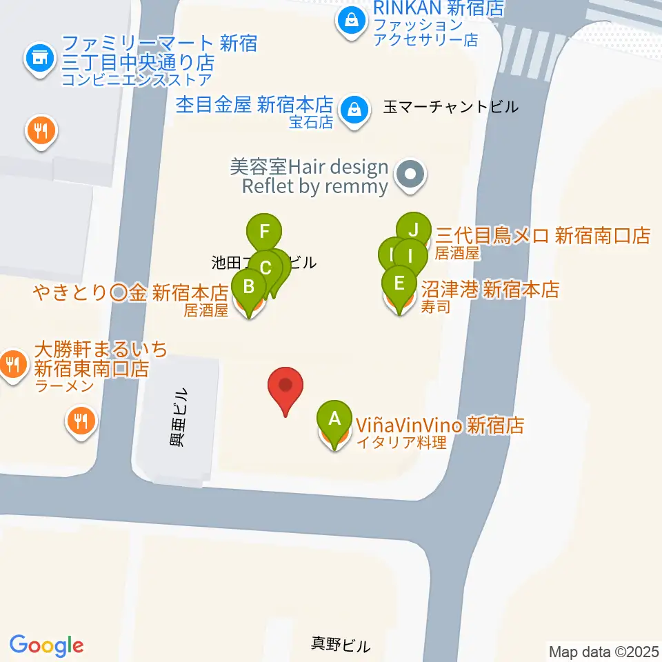ユニオンレコード新宿周辺のファミレス・ファーストフード一覧地図