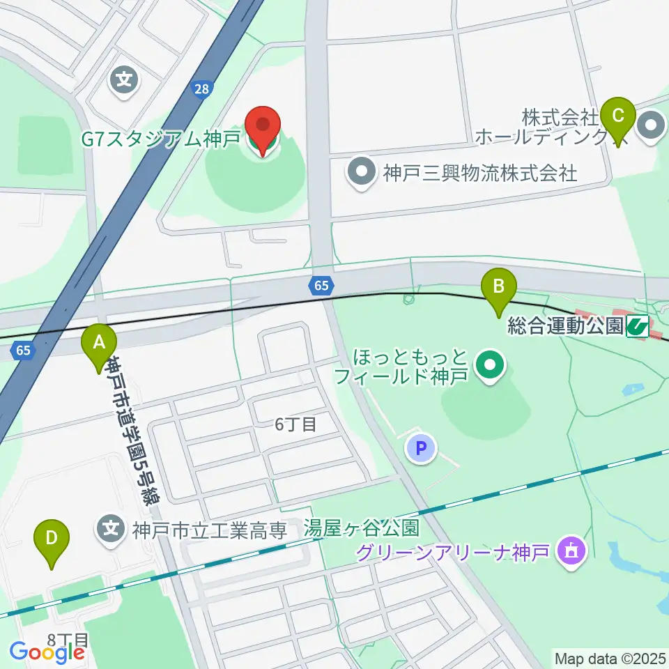 G7スタジアム神戸周辺のファミレス・ファーストフード一覧地図