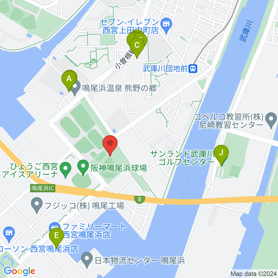 鳴尾浜臨海野球場周辺のファミレス・ファーストフード一覧地図