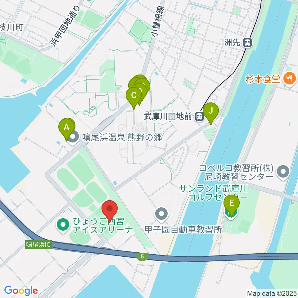 鳴尾浜臨海野球場周辺のファミレス・ファーストフード一覧地図