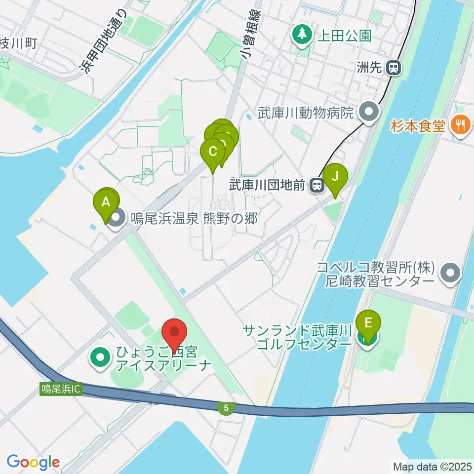 鳴尾浜臨海野球場周辺のファミレス・ファーストフード一覧地図