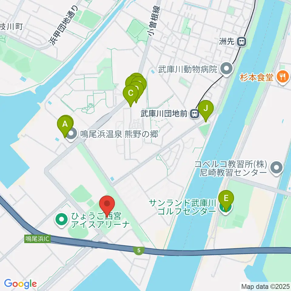 鳴尾浜臨海野球場周辺のファミレス・ファーストフード一覧地図