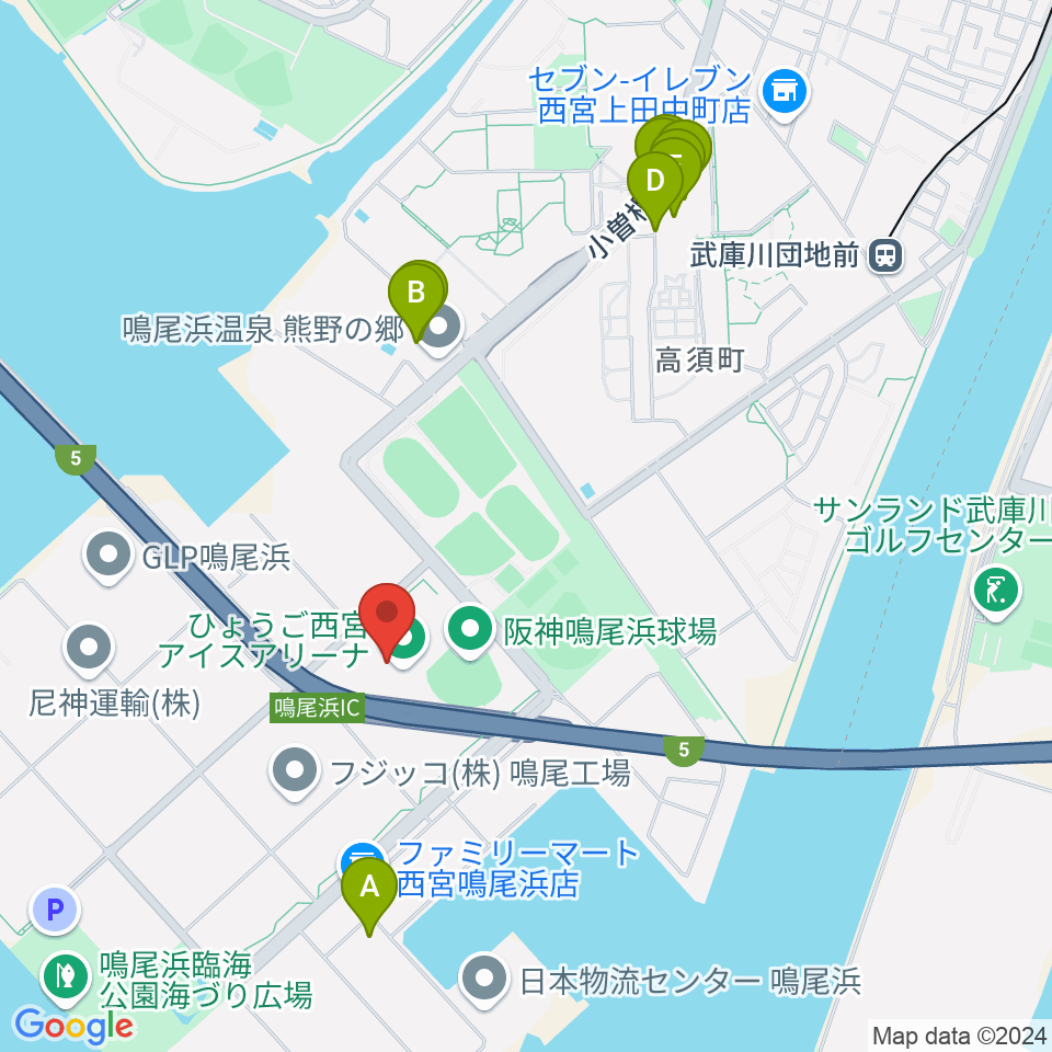 ひょうご西宮アイスアリーナ周辺のファミレス・ファーストフード一覧地図