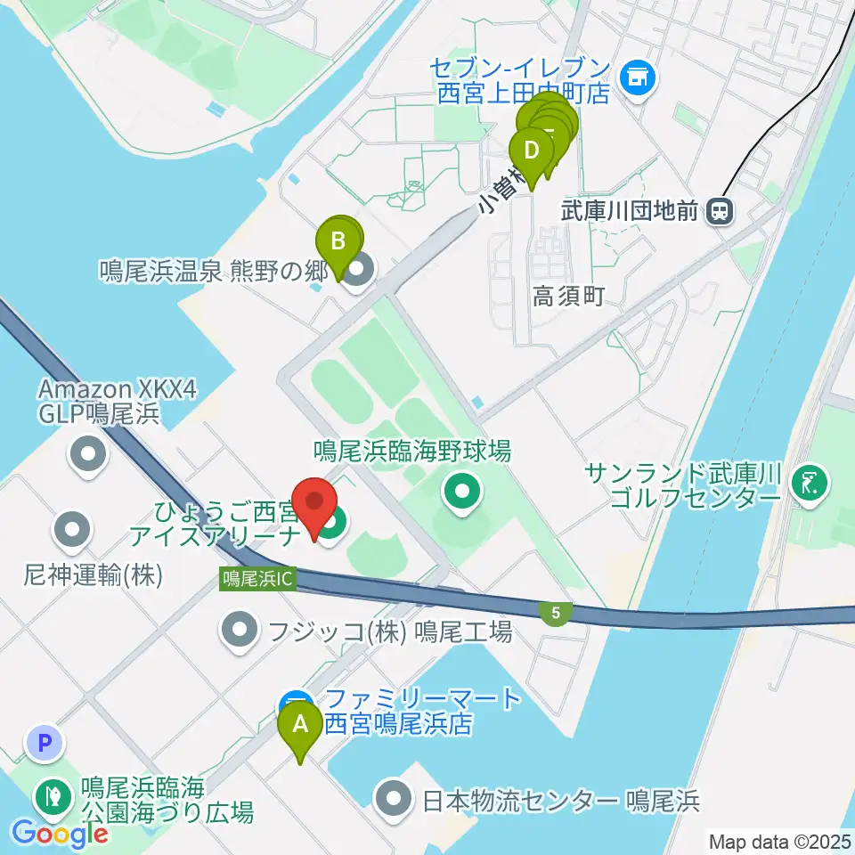 ひょうご西宮アイスアリーナ周辺のファミレス・ファーストフード一覧地図