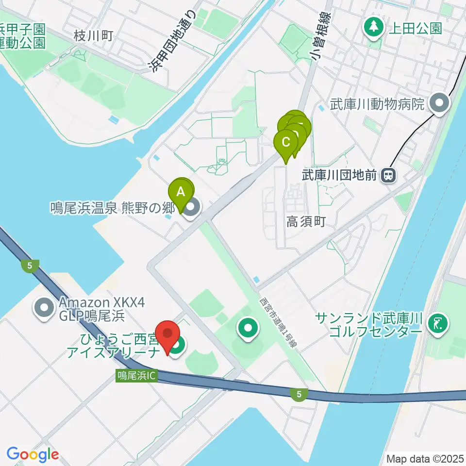 ひょうご西宮アイスアリーナ周辺のファミレス・ファーストフード一覧地図