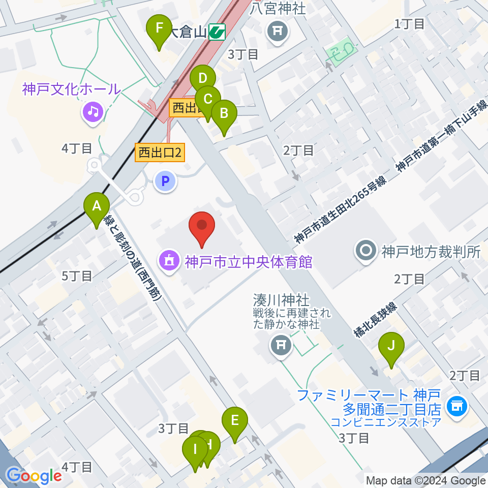 神戸市立中央体育館周辺のファミレス・ファーストフード一覧地図