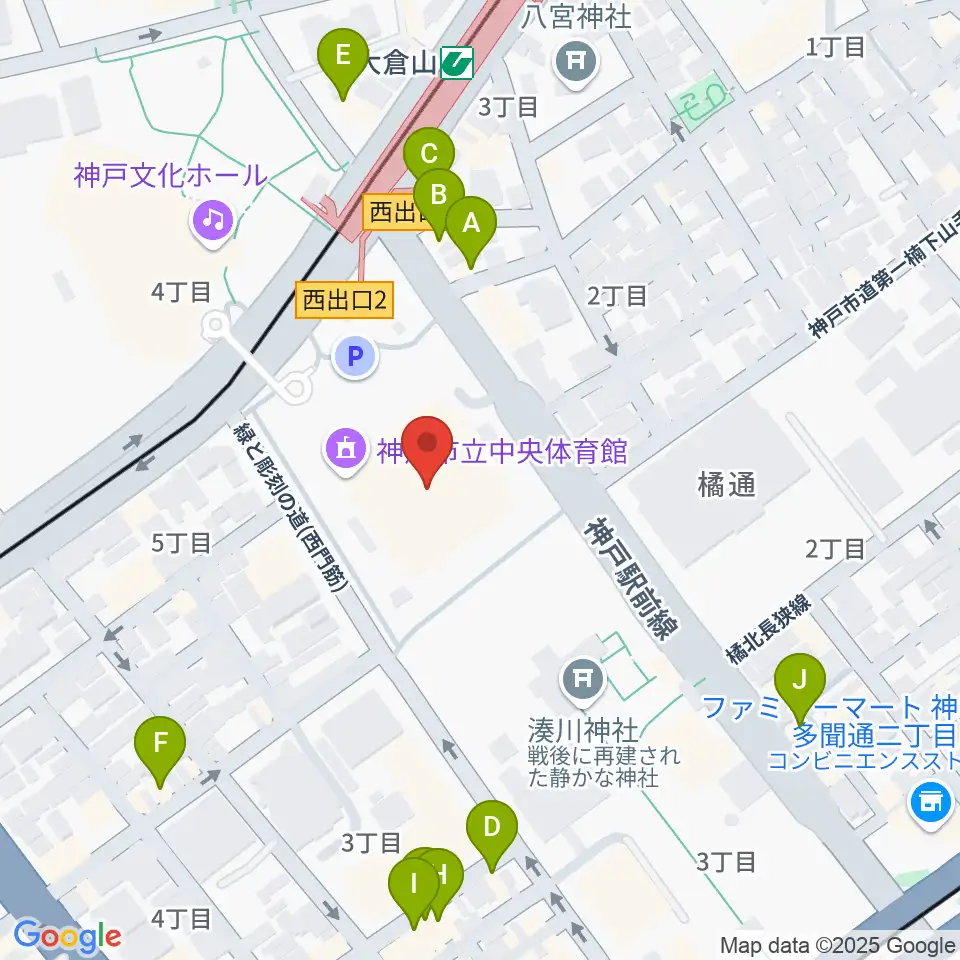 神戸市立中央体育館周辺のファミレス・ファーストフード一覧地図