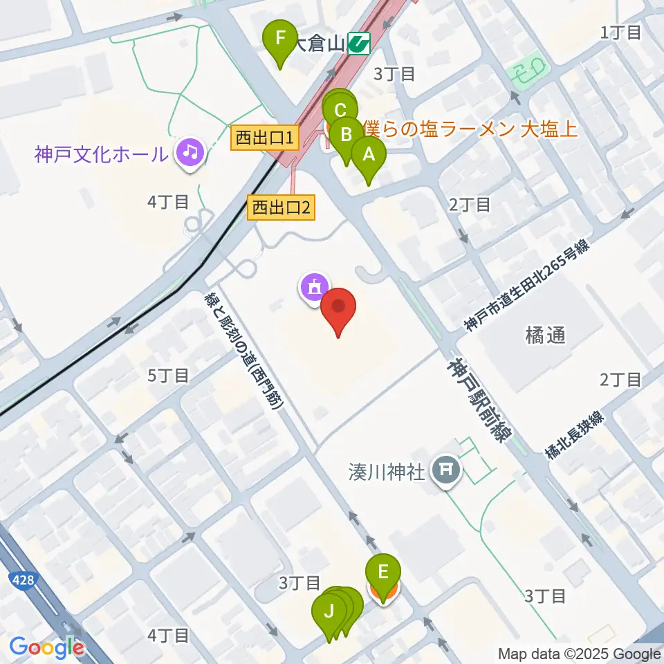 神戸市立中央体育館周辺のファミレス・ファーストフード一覧地図