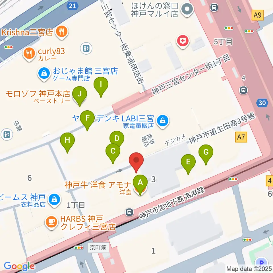 りずむぼっくす三宮店周辺のファミレス・ファーストフード一覧地図
