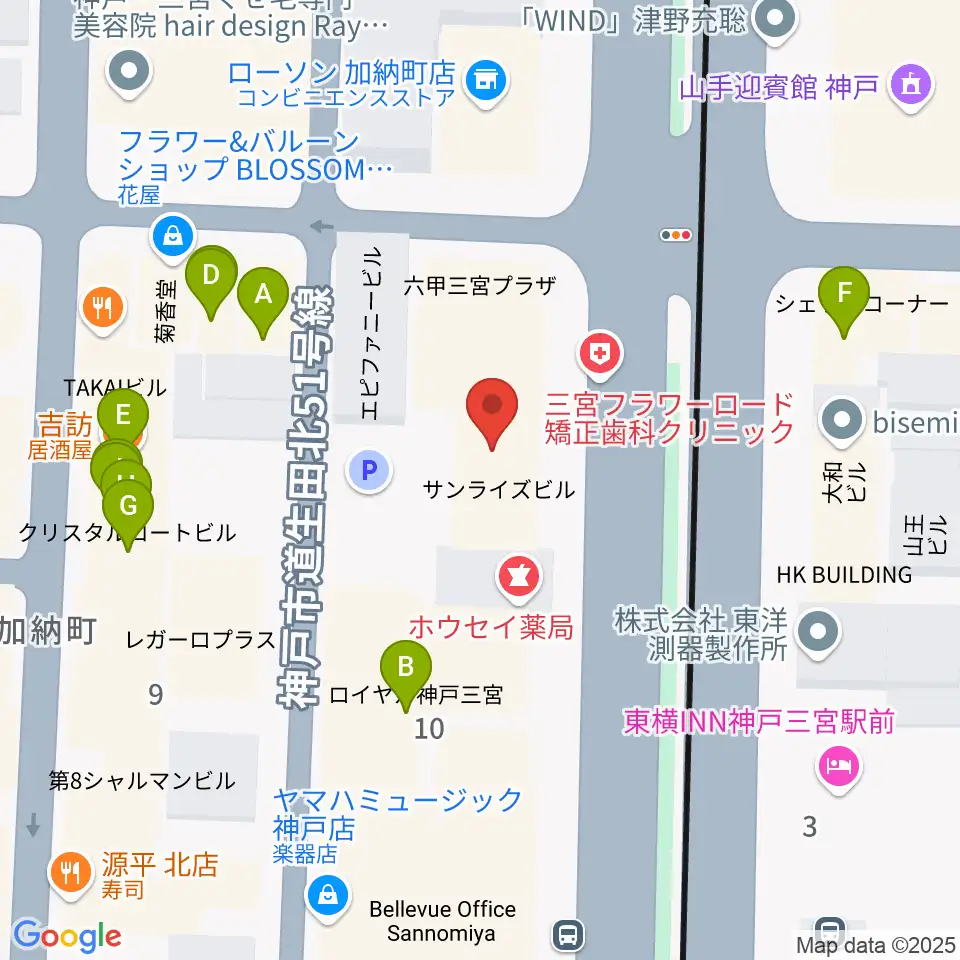 ジャパンギタースクール三宮校周辺のファミレス・ファーストフード一覧地図