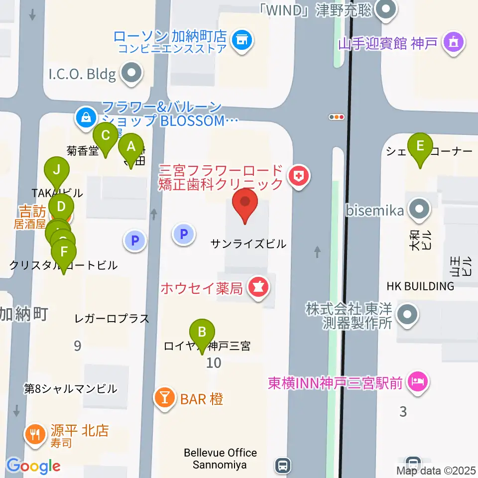 ジャパンギタースクール三宮校周辺のファミレス・ファーストフード一覧地図