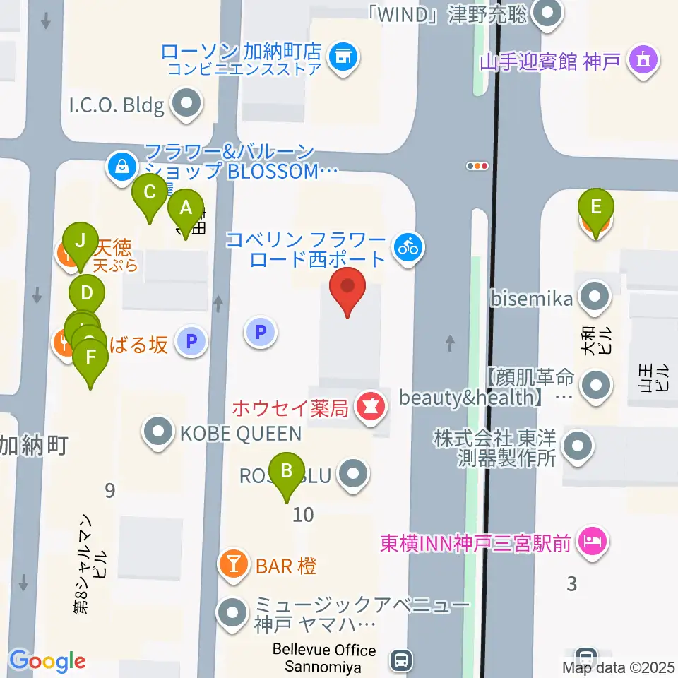 ジャパンギタースクール三宮校周辺のファミレス・ファーストフード一覧地図