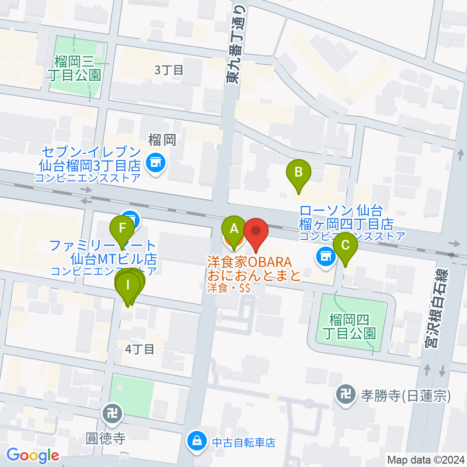 仙台音屋スタジオ＋周辺のファミレス・ファーストフード一覧地図