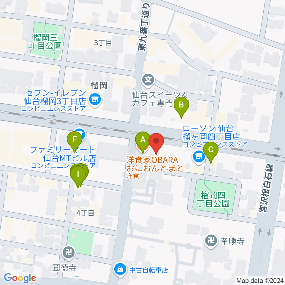 仙台音屋スタジオ＋周辺のファミレス・ファーストフード一覧地図