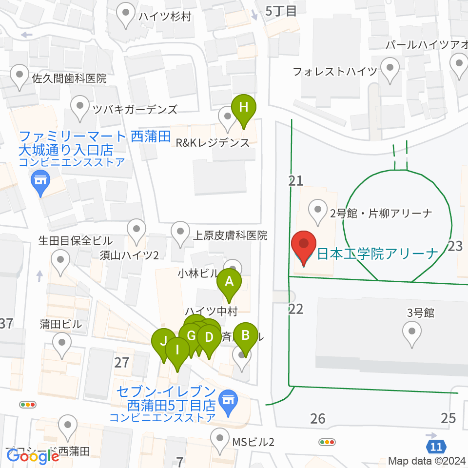 日本工学院アリーナ周辺のファミレス・ファーストフード一覧地図