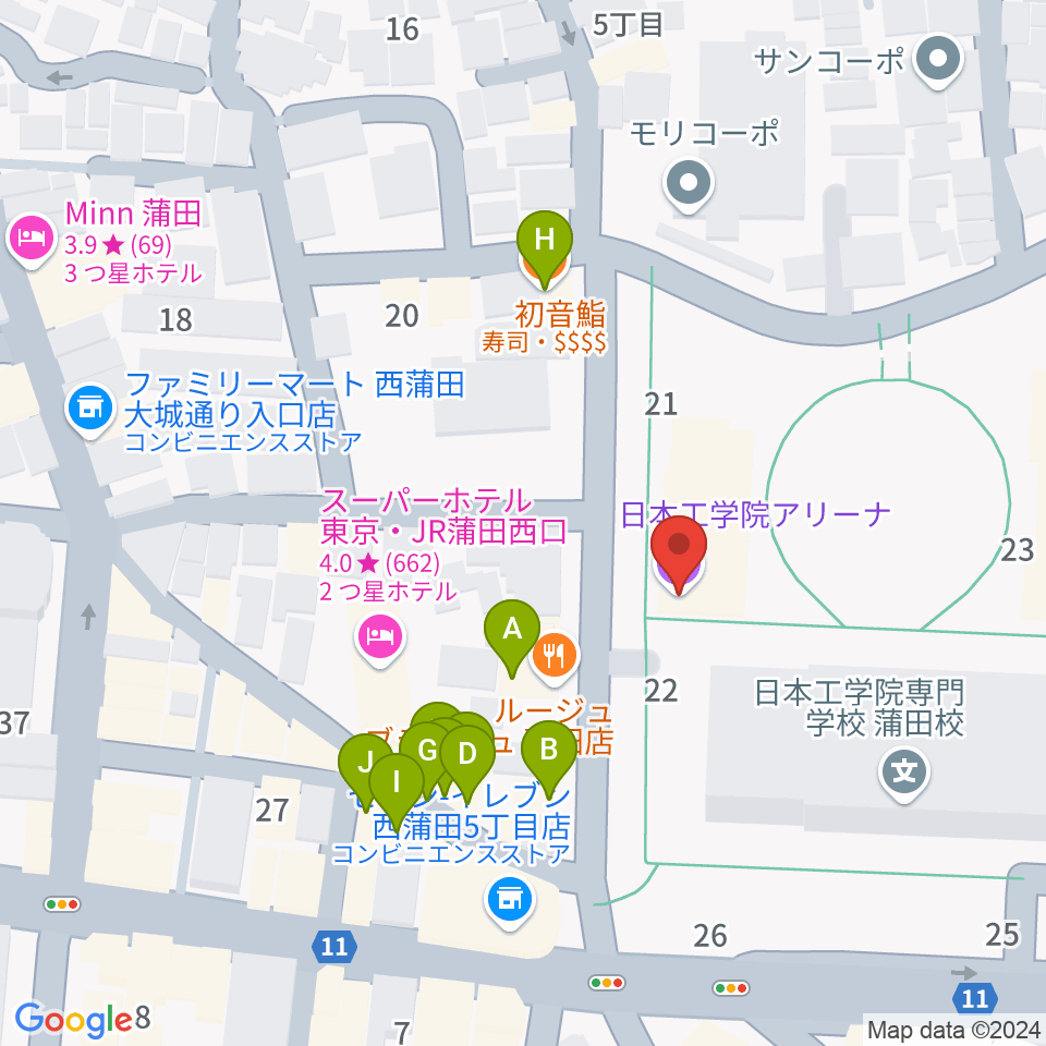 日本工学院アリーナ周辺のファミレス・ファーストフード一覧地図