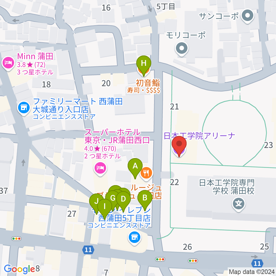 日本工学院アリーナ周辺のファミレス・ファーストフード一覧地図