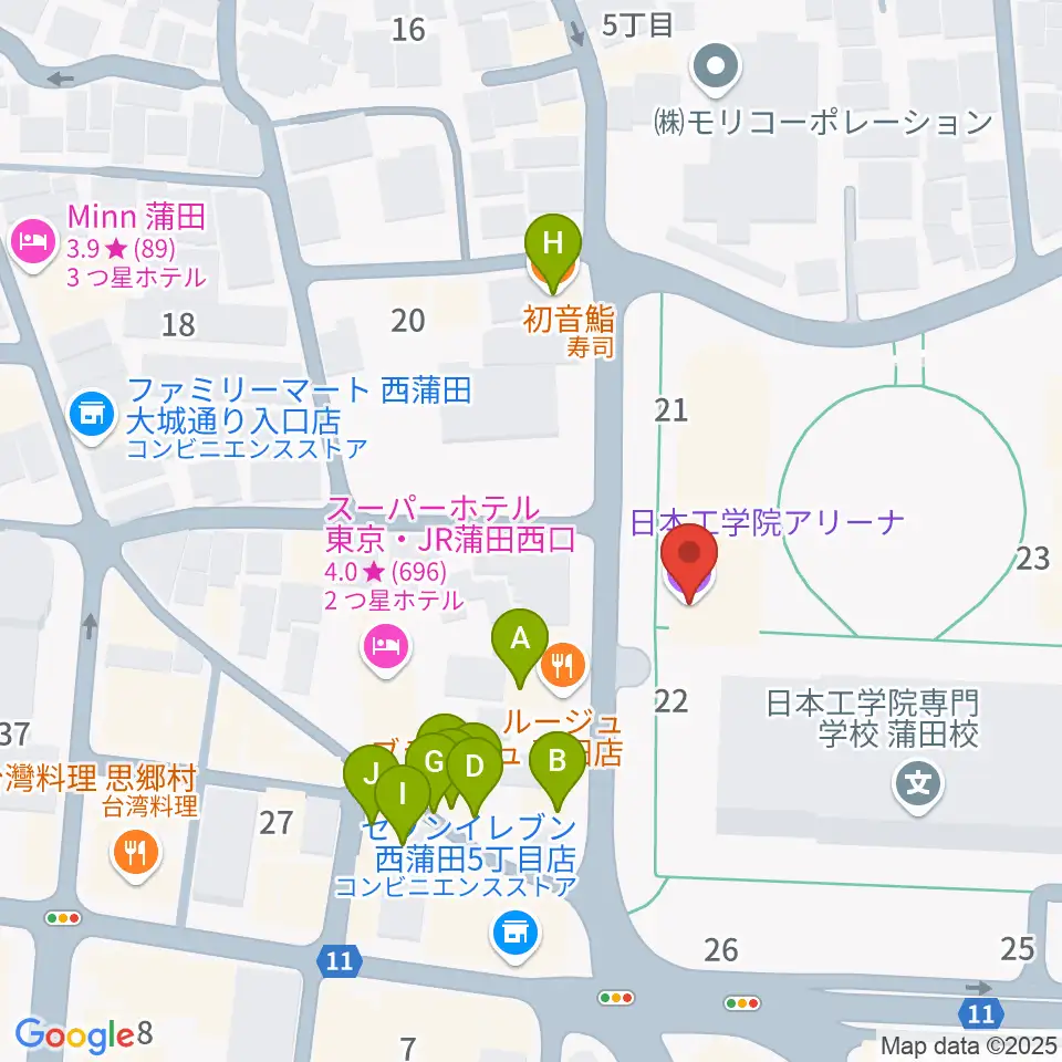 日本工学院アリーナ周辺のファミレス・ファーストフード一覧地図