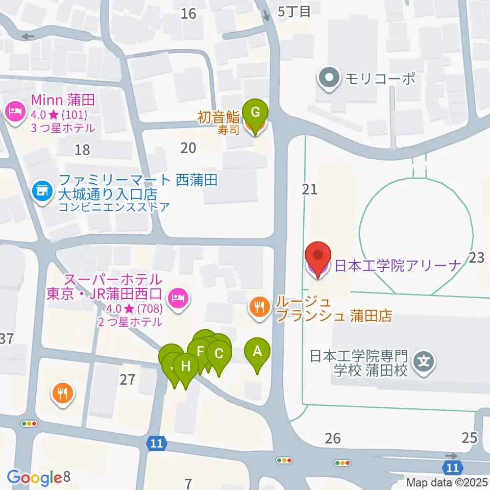 日本工学院アリーナ周辺のファミレス・ファーストフード一覧地図