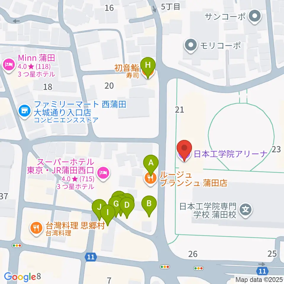 日本工学院アリーナ周辺のファミレス・ファーストフード一覧地図