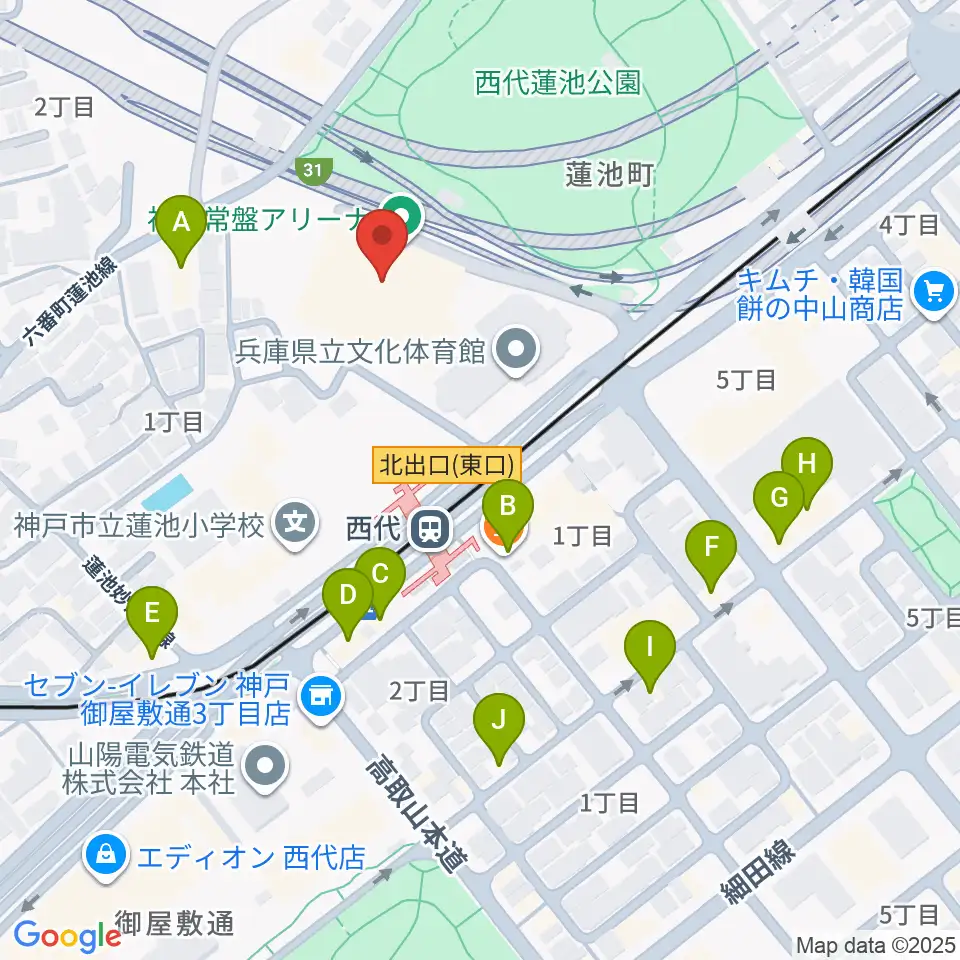 神戸常盤アリーナ周辺のファミレス・ファーストフード一覧地図