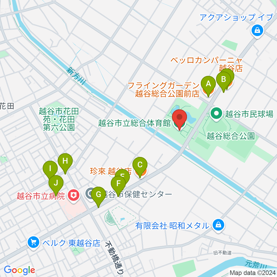 越谷市立総合体育館周辺のファミレス・ファーストフード一覧地図