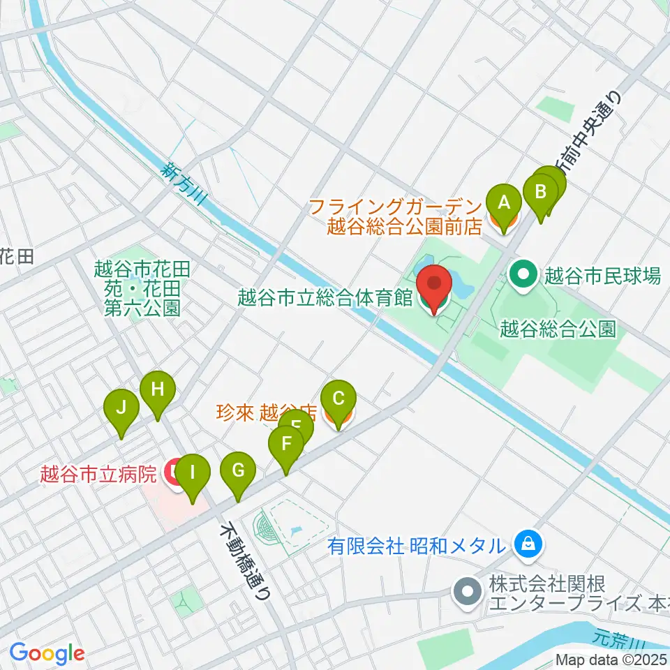 越谷市立総合体育館周辺のファミレス・ファーストフード一覧地図